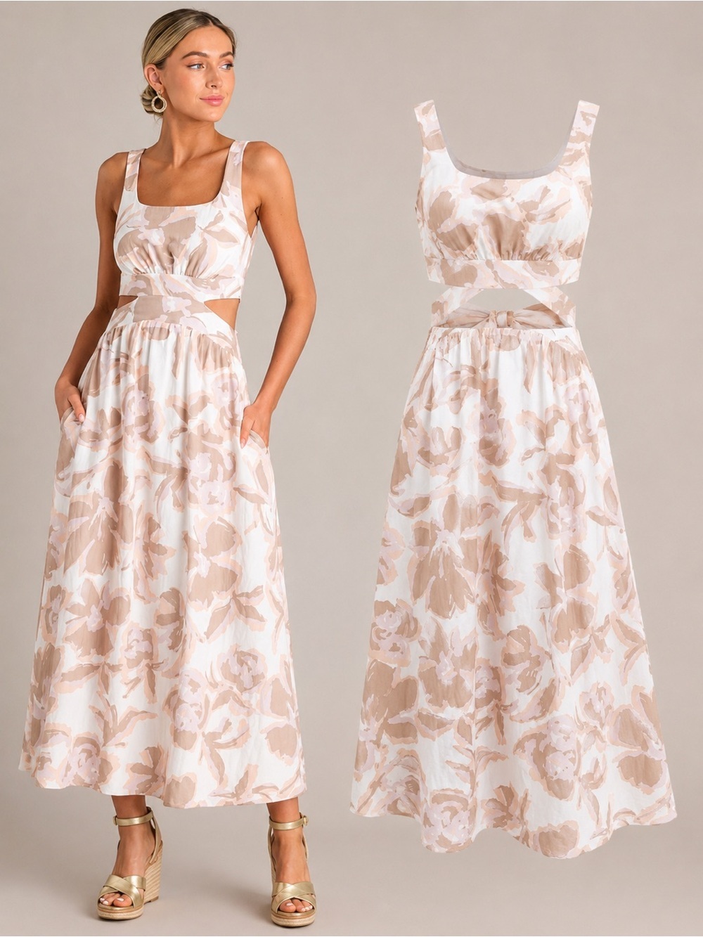 ILLA ILLA | White Beige Floral Cutout Tie Back Midi Maxi Dress | Small